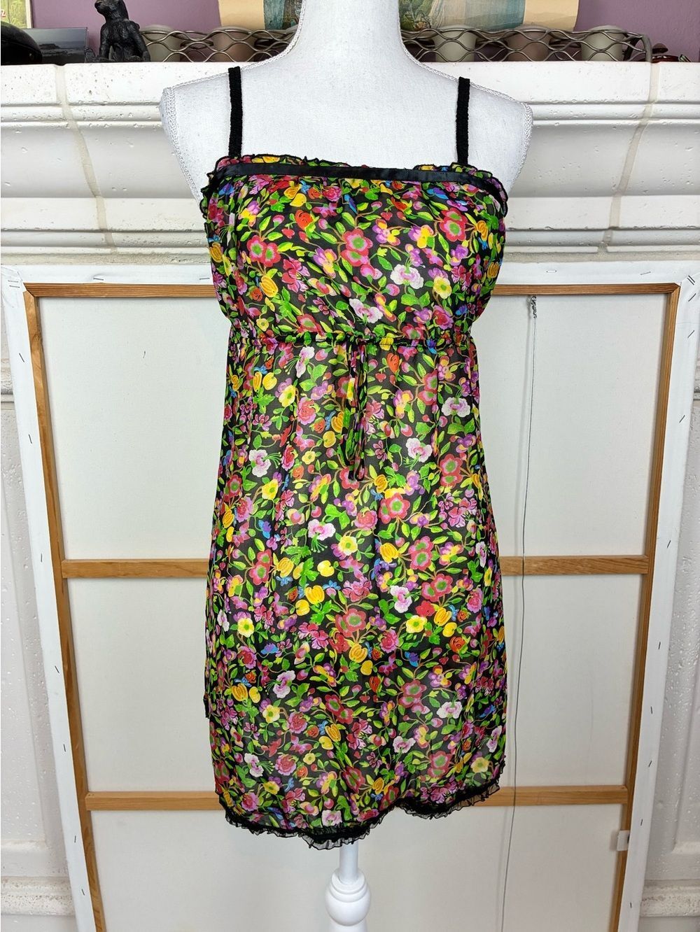 Josie Natori VTG Floral Sheer Slip mini babydoll Dress with Black stretchy lace